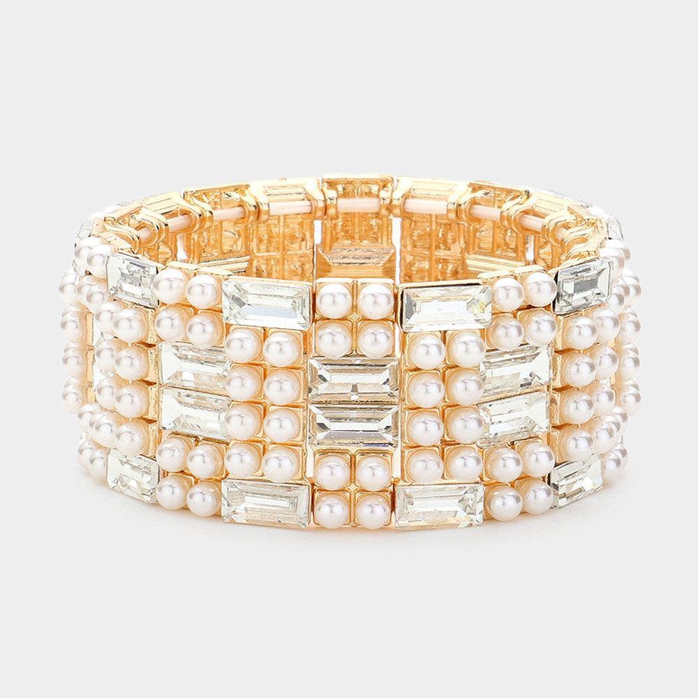 Clear Baguette Glass Stone Pointed Pearl Embellished Stretch Bracelet - Jewelry Store by Erik Rayo