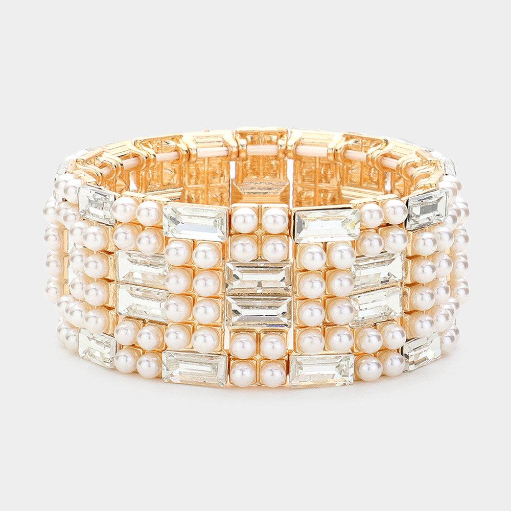 Clear Baguette Glass Stone Pointed Pearl Embellished Stretch Bracelet