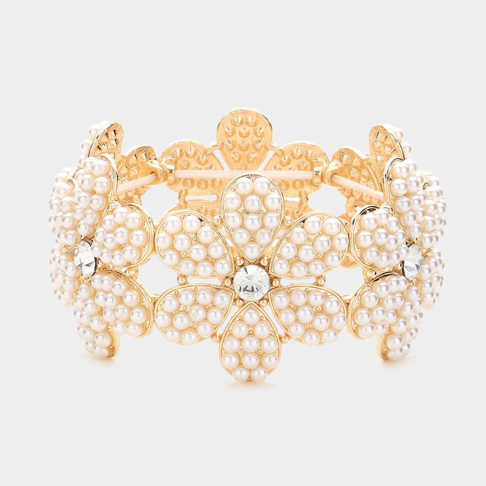 Gold Stone Pointed Pearl Embellished Flower Stretch Bracelet