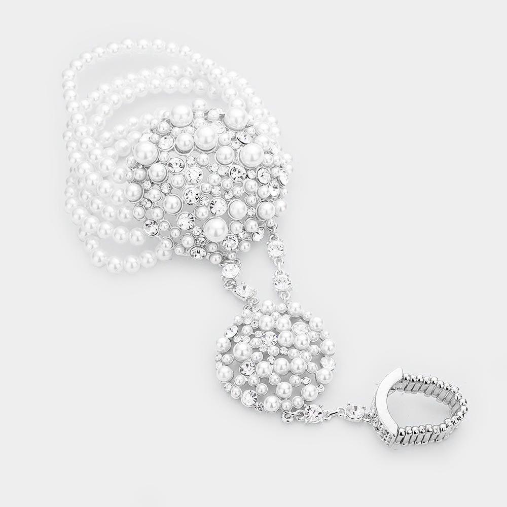White Pearl Crystal Rhinestone Stretch Hand Chain Bracelet - Jewelry Store by Erik Rayo