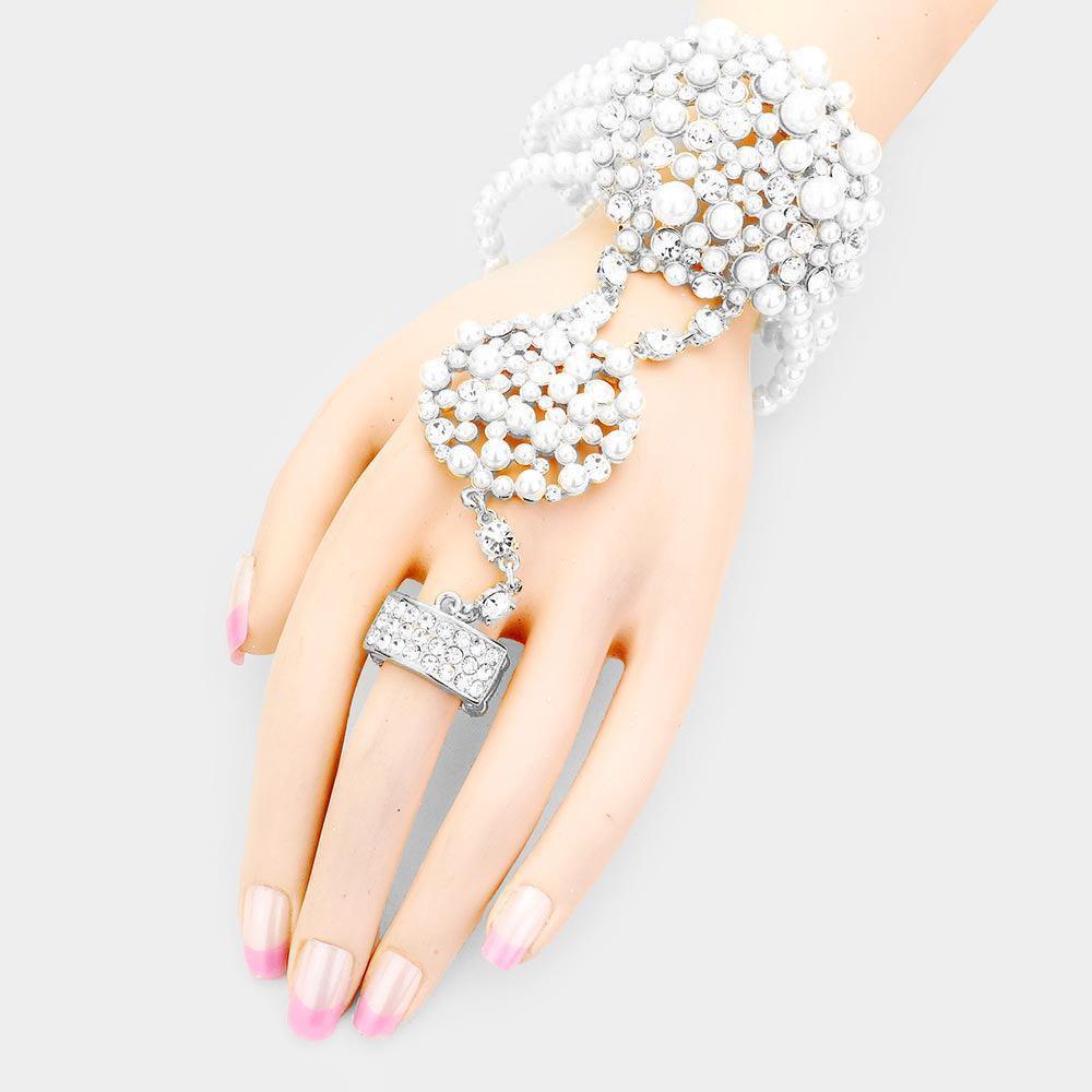 White Pearl Crystal Rhinestone Stretch Hand Chain Bracelet - Jewelry Store by Erik Rayo