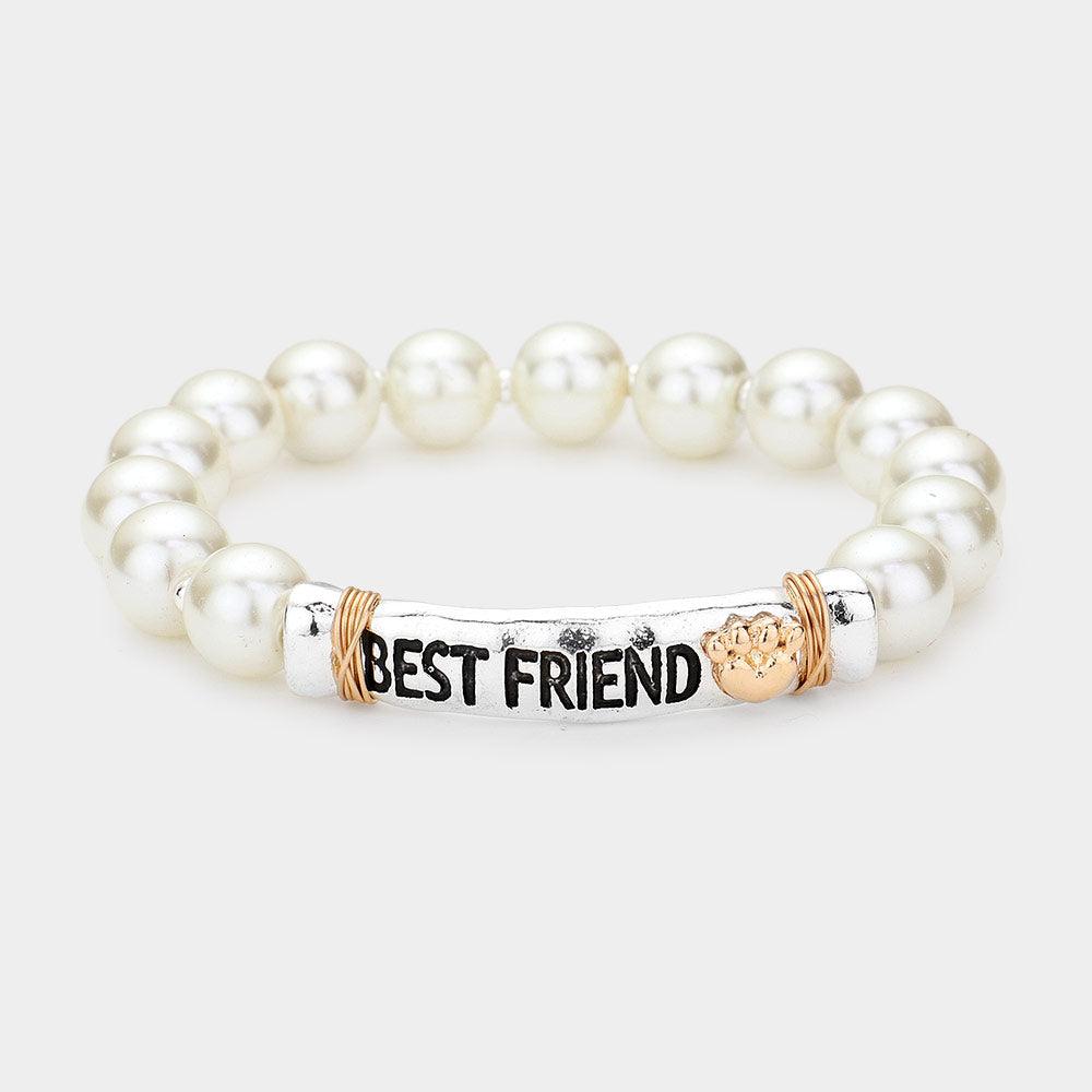 Silver BEST FRIEND Message Pearl Stretch Bracelet