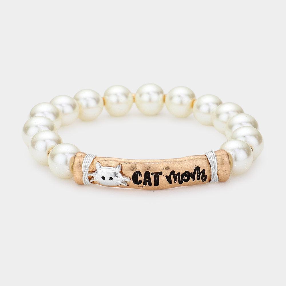 Gold CAT mom Message Pearl Stretch Bracelet - Jewelry Store by Erik Rayo