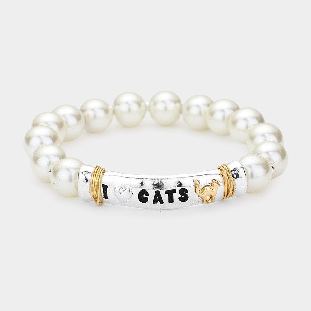 Silver I LOVE CATS Message Pearl Stretch Bracelet