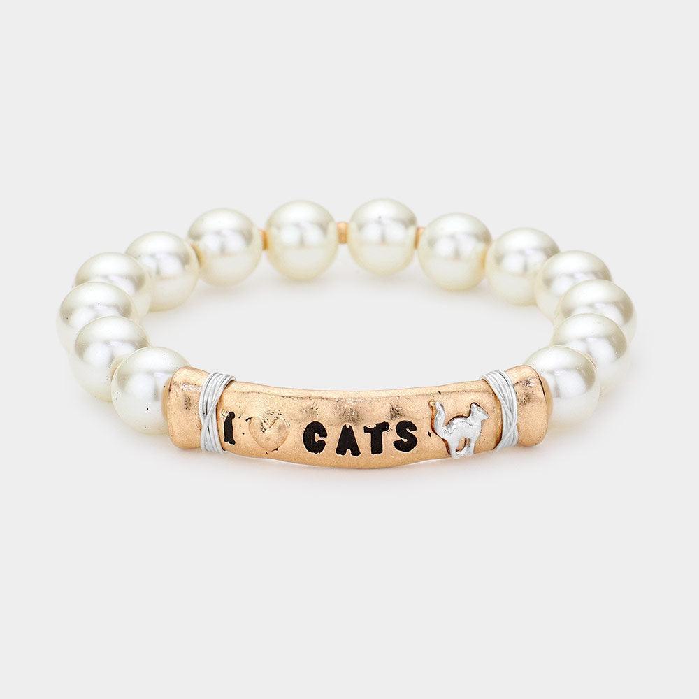 Gold I LOVE CATS Message Pearl Stretch Bracelet - Jewelry Store by Erik Rayo