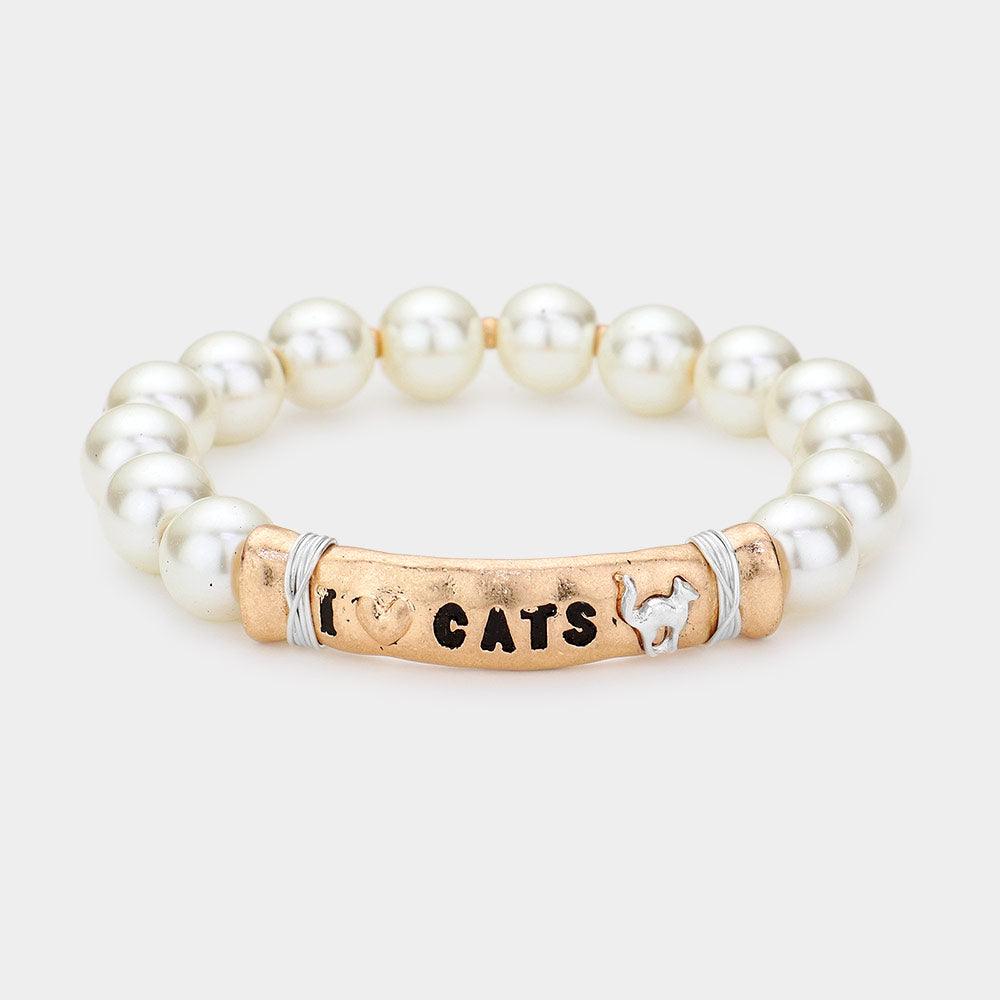 Gold I LOVE CATS Message Pearl Stretch Bracelet