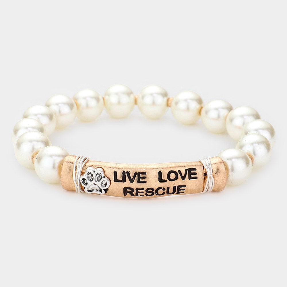 Cream LIVE LOVE RESCUE Message Pearl Stretch Bracelet - Jewelry Store by Erik Rayo