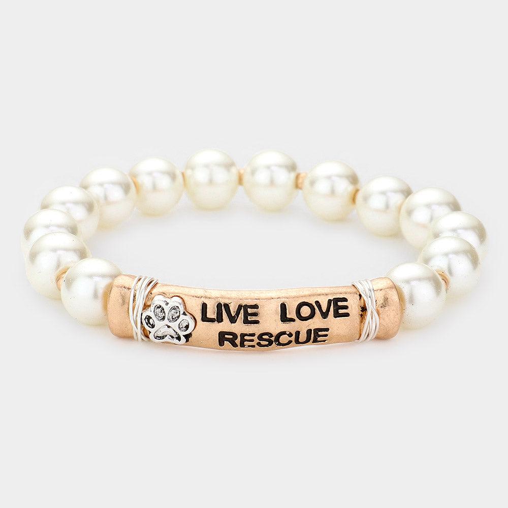 Cream LIVE LOVE RESCUE Message Pearl Stretch Bracelet