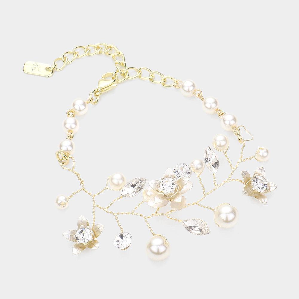 Cream Stone Embellished Flower Pearl Bracelet - Jewelry Store by Erik Rayo