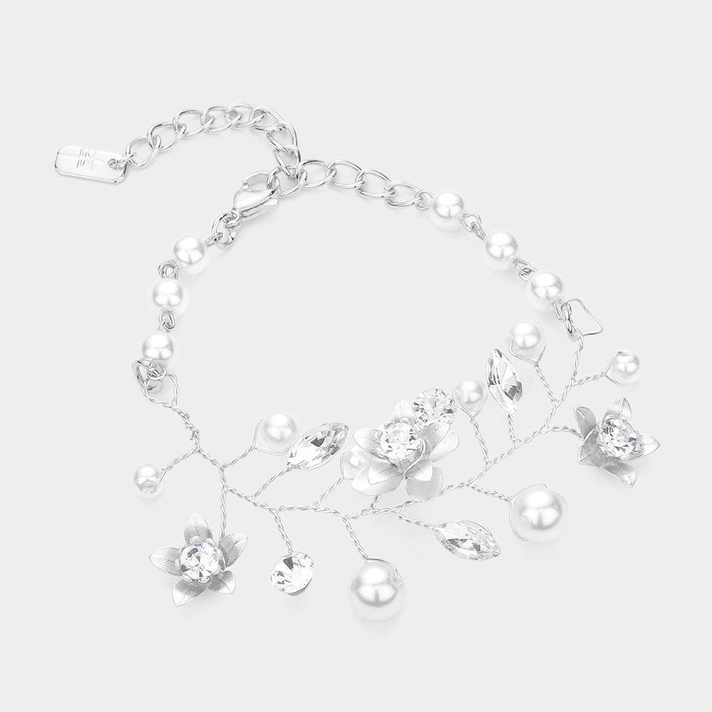 White Stone Embellished Flower Pearl Bracelet - Jewelry Store by Erik Rayo