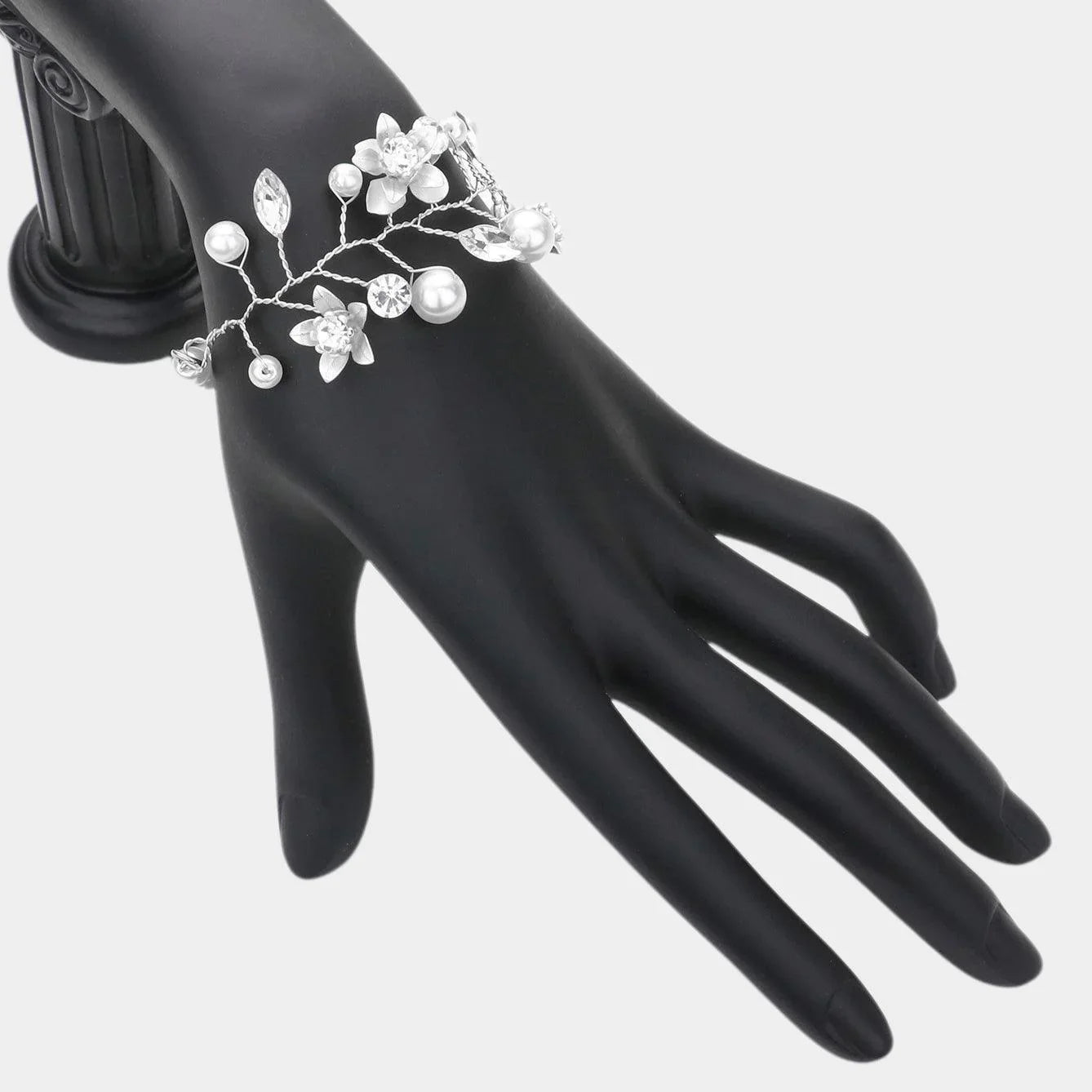 White Stone Embellished Flower Pearl Bracelet - Jewelry Store by Erik Rayo
