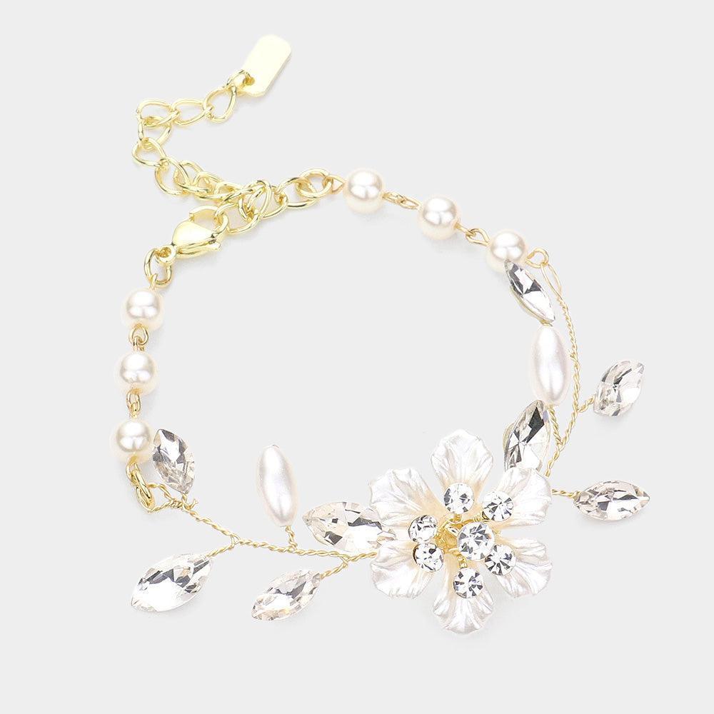 Cream Stone Embellished Flower Pearl Bracelet - Jewelry Store by Erik Rayo
