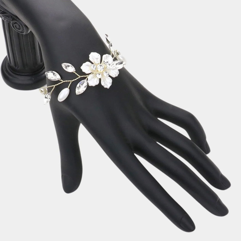 Cream Stone Embellished Flower Pearl Bracelet - Jewelry Store by Erik Rayo