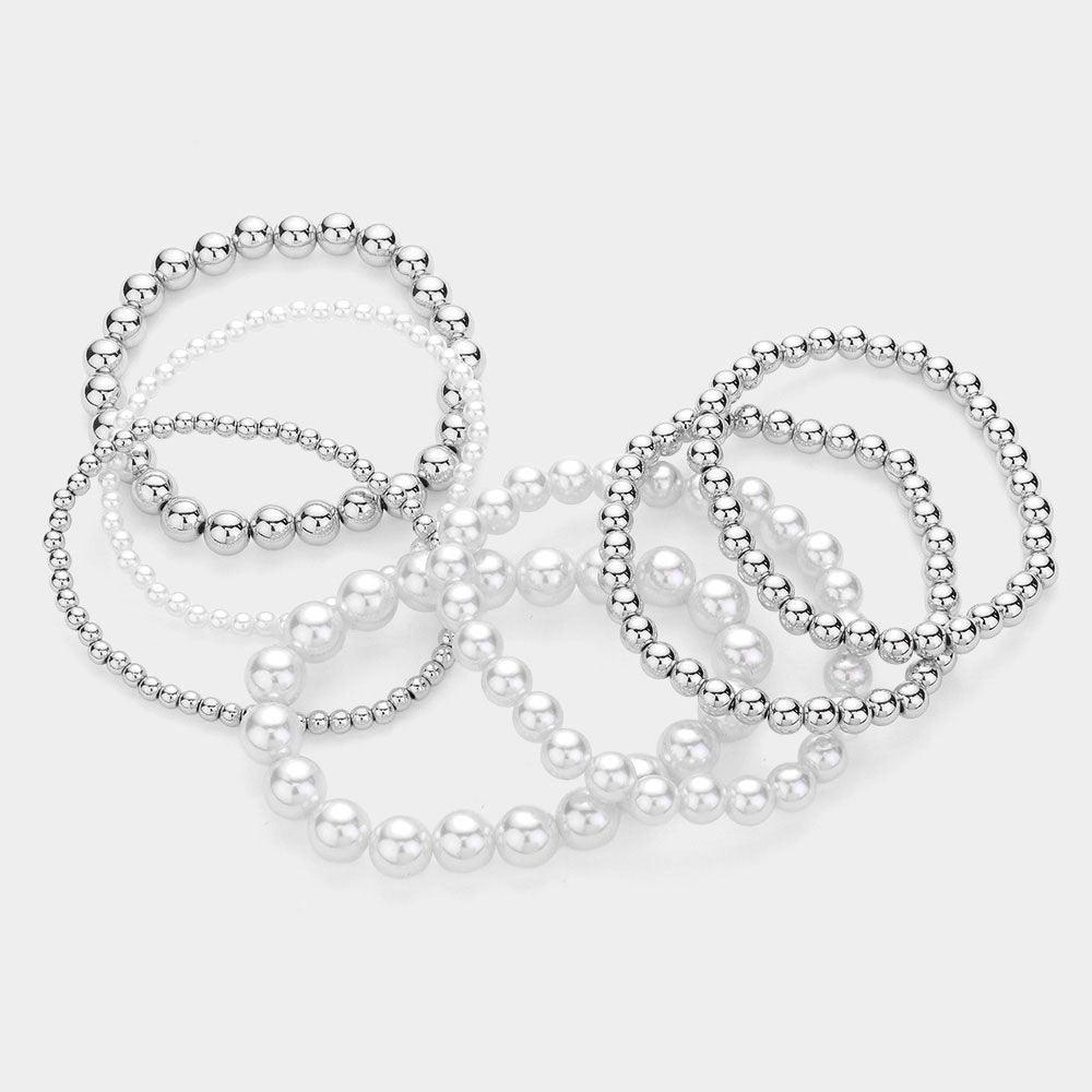 Cream 7PCS - Pearl Metal Ball Stretch Multi Layered Bracelets - Jewelry Store by Erik Rayo