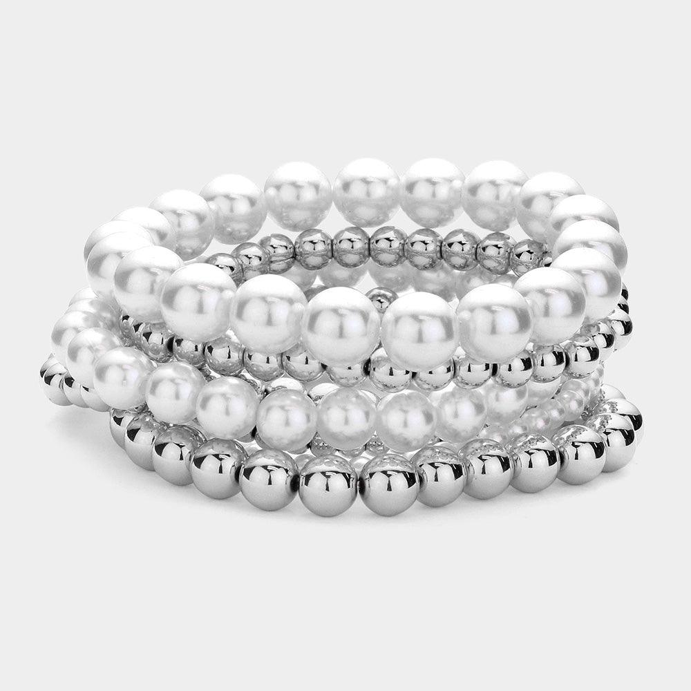 Cream 7PCS - Pearl Metal Ball Stretch Multi Layered Bracelets