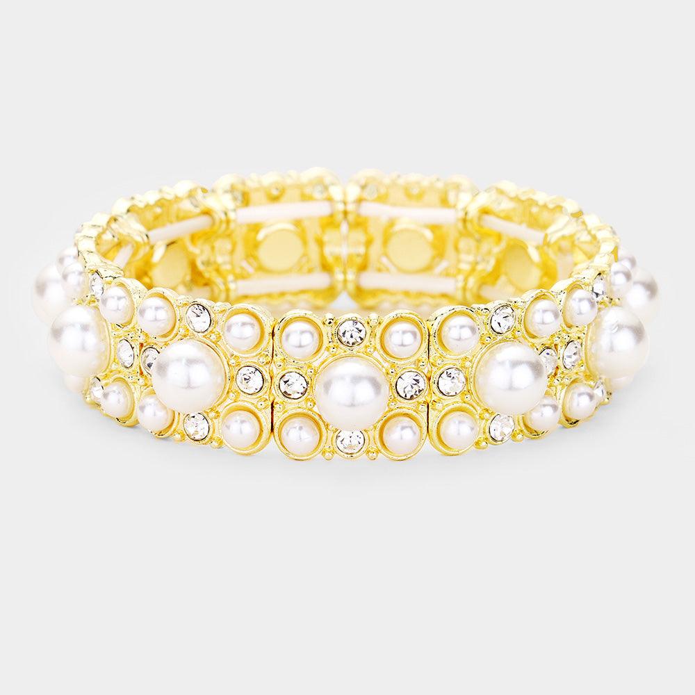 Gold Crystal Round Pearl Stretch  Bracelet