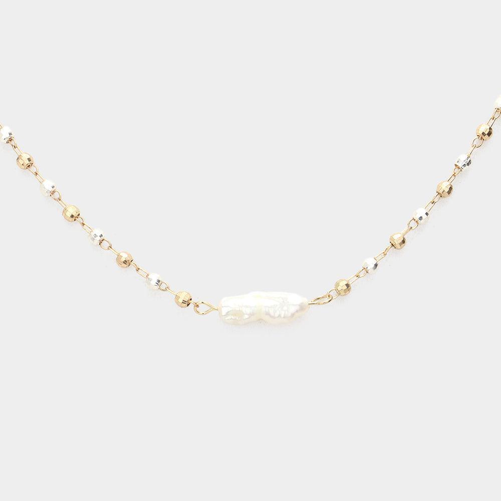 Two Tone Pearl Accented Metal Bead Link Necklace - Jewelry Store by Erik Rayo