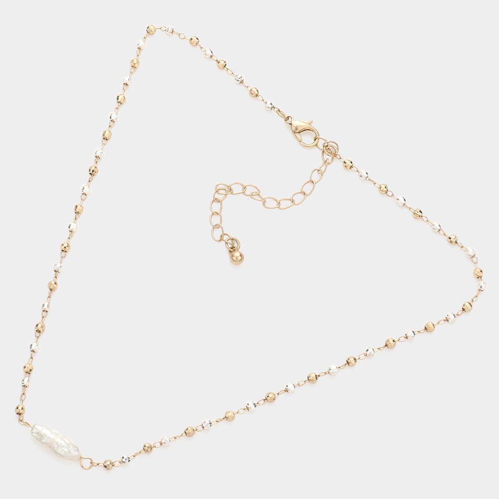 Two Tone Pearl Accented Metal Bead Link Necklace - Jewelry Store by Erik Rayo