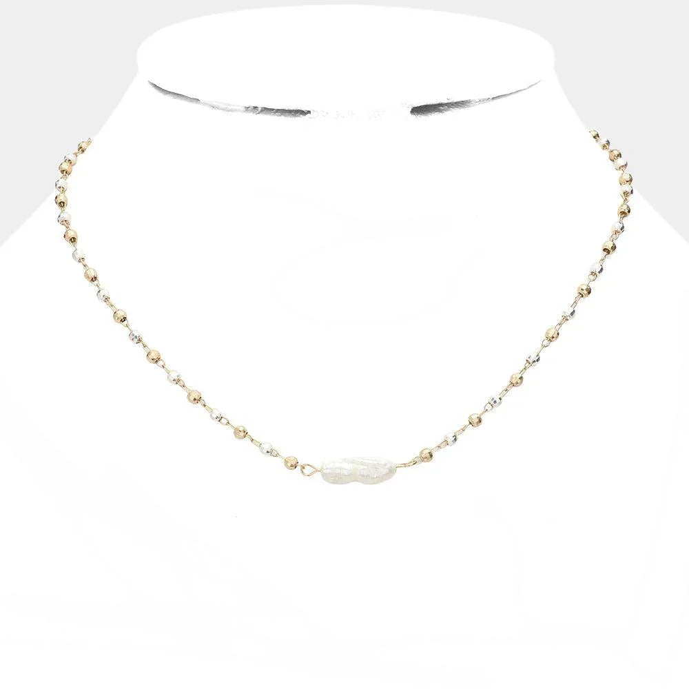 Two Tone Pearl Accented Metal Bead Link Necklace - Jewelry Store by Erik Rayo