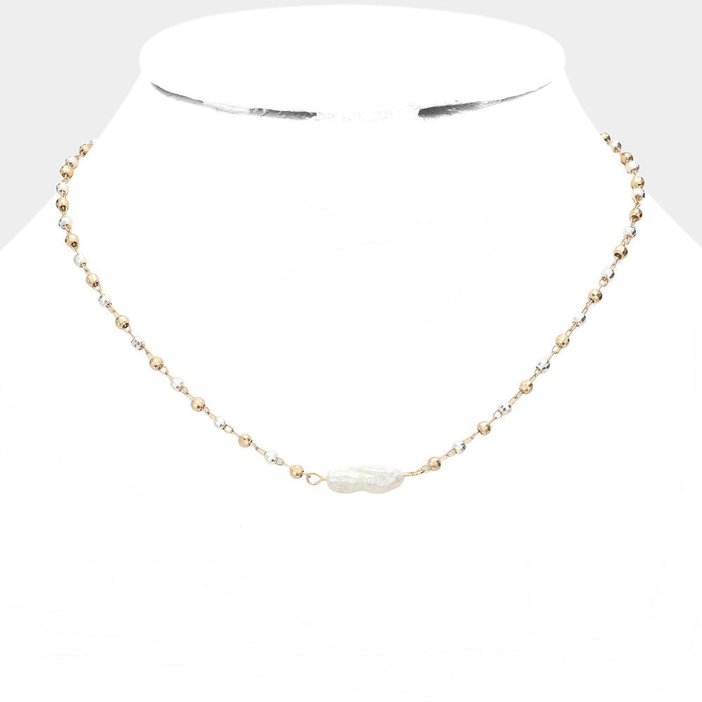 Two Tone Pearl Accented Metal Bead Link Necklace