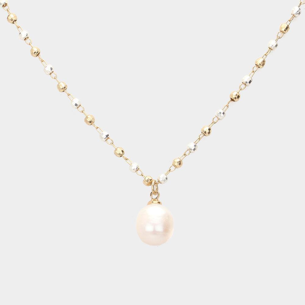 Two Tone Pearl Pendant Metal Bead Link Necklace - Jewelry Store by Erik Rayo