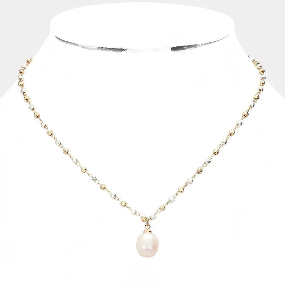 Two Tone Pearl Pendant Metal Bead Link Necklace - Jewelry Store by Erik Rayo
