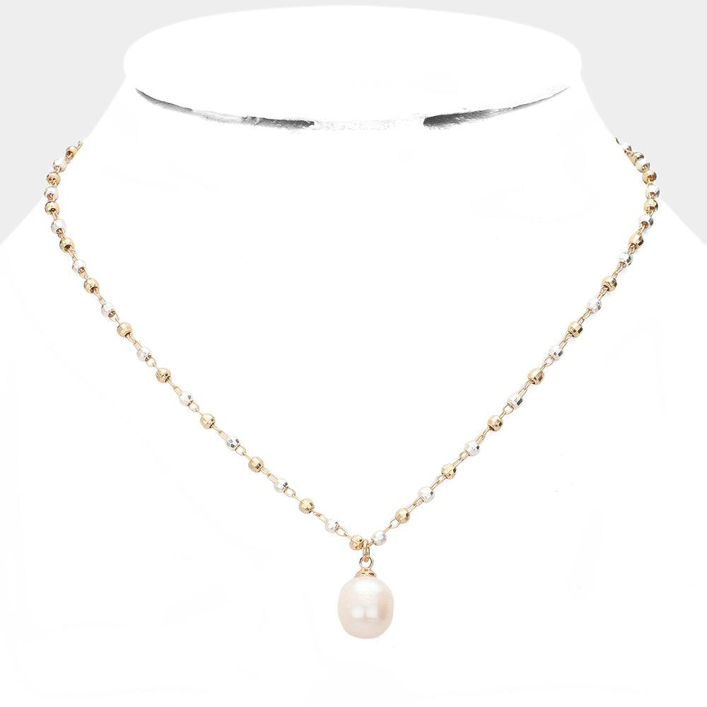 Two Tone Pearl Pendant Metal Bead Link Necklace