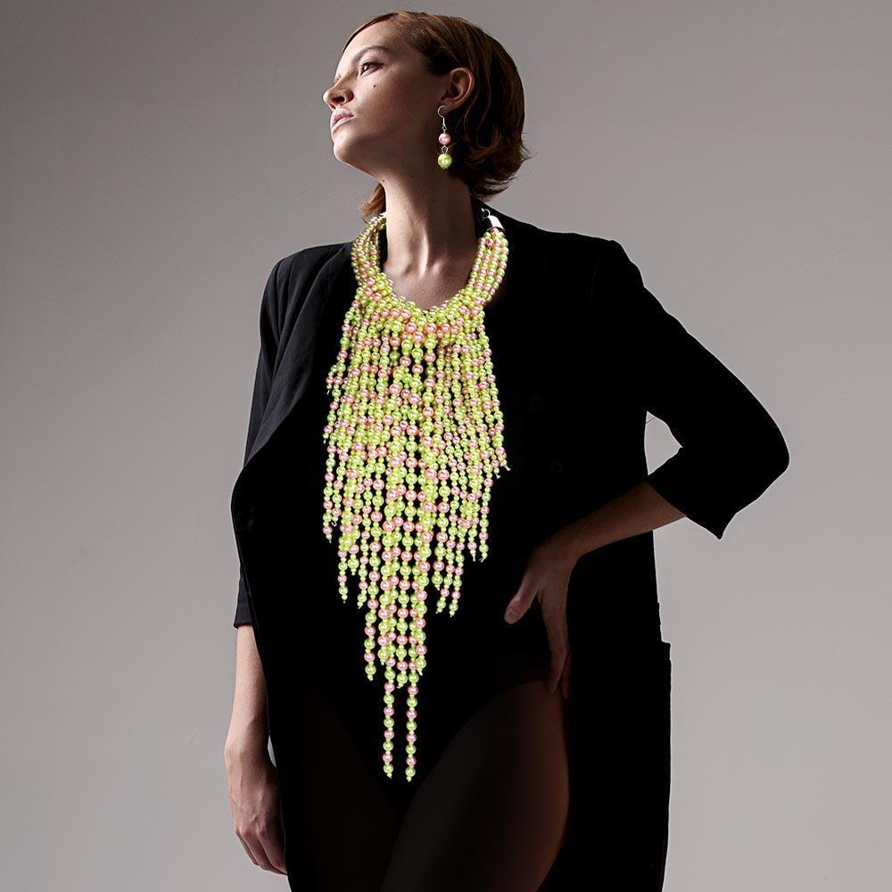 Pink Pearl Strand Fringe Bib Necklace - Jewelry Store by Erik Rayo
