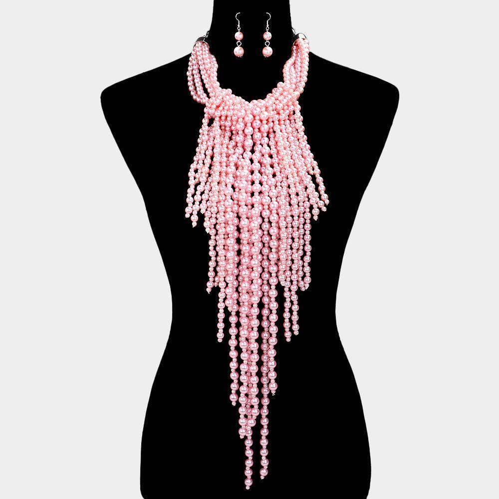 Pink Pearl Strand Fringe Bib Necklace - Jewelry Store by Erik Rayo