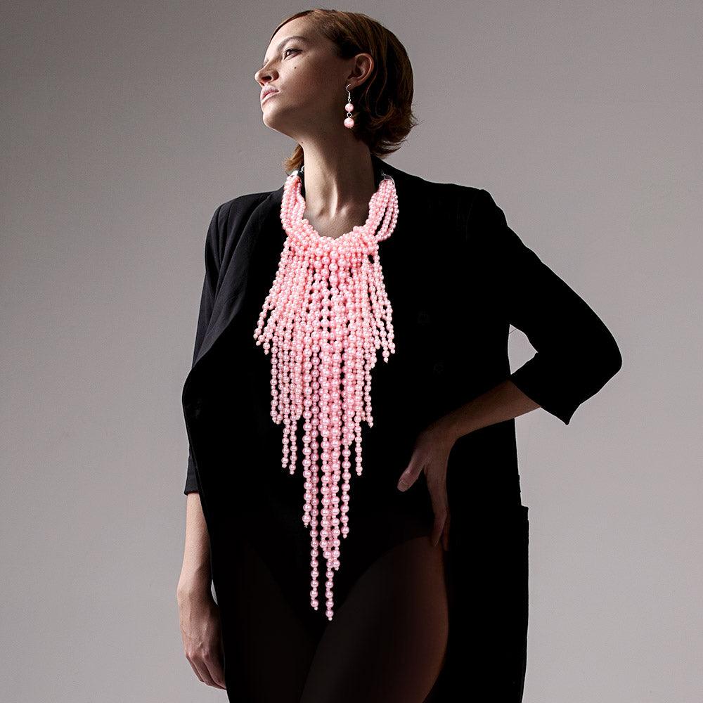 Pink Pearl Strand Fringe Bib Necklace