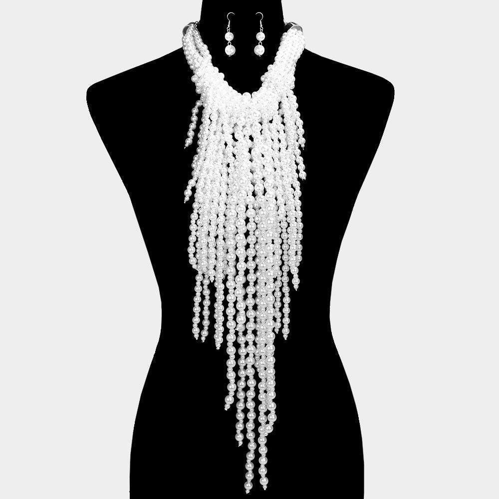 White Pearl Strand Fringe Bib Necklace - Jewelry Store by Erik Rayo