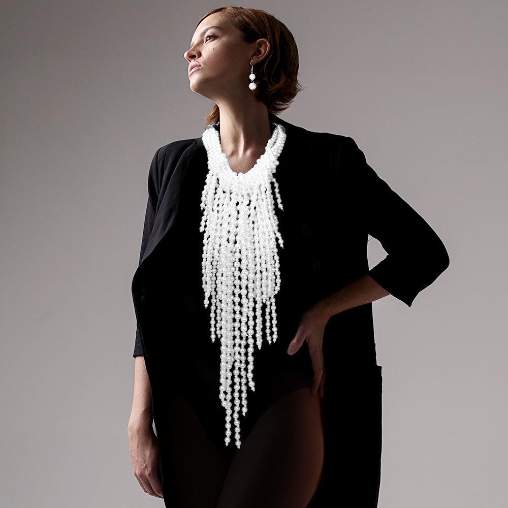 White Pearl Strand Fringe Bib Necklace