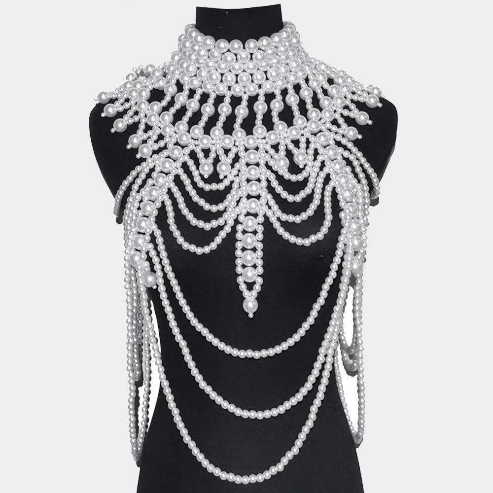 White Draped Pearl Armor Body Chain Necklace - Jewelry Store by Erik Rayo