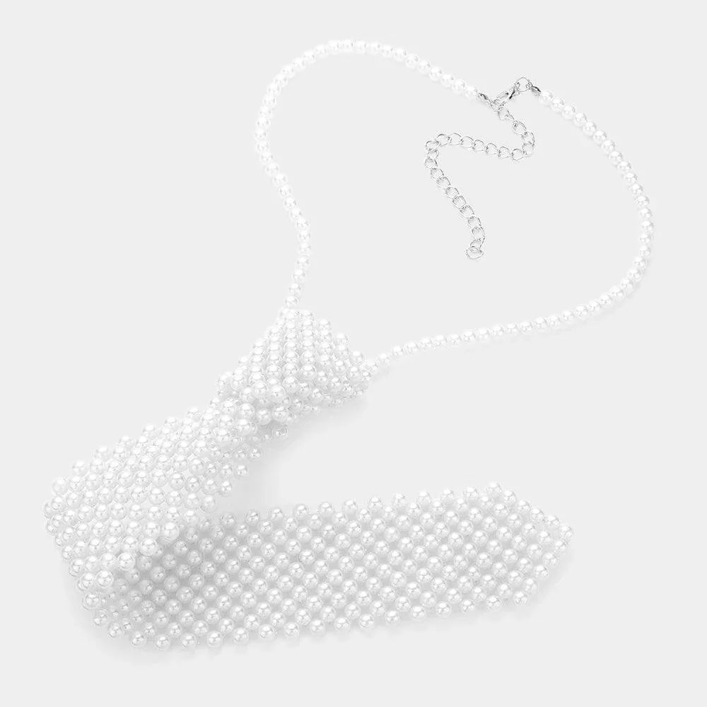 White Pearl Neck Tie Necklace - Jewelry Store by Erik Rayo