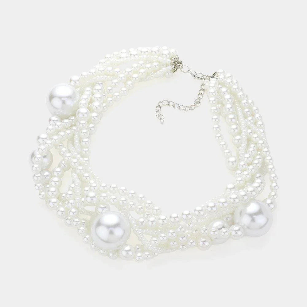 White Multi Pearl Beaded Statement Necklace