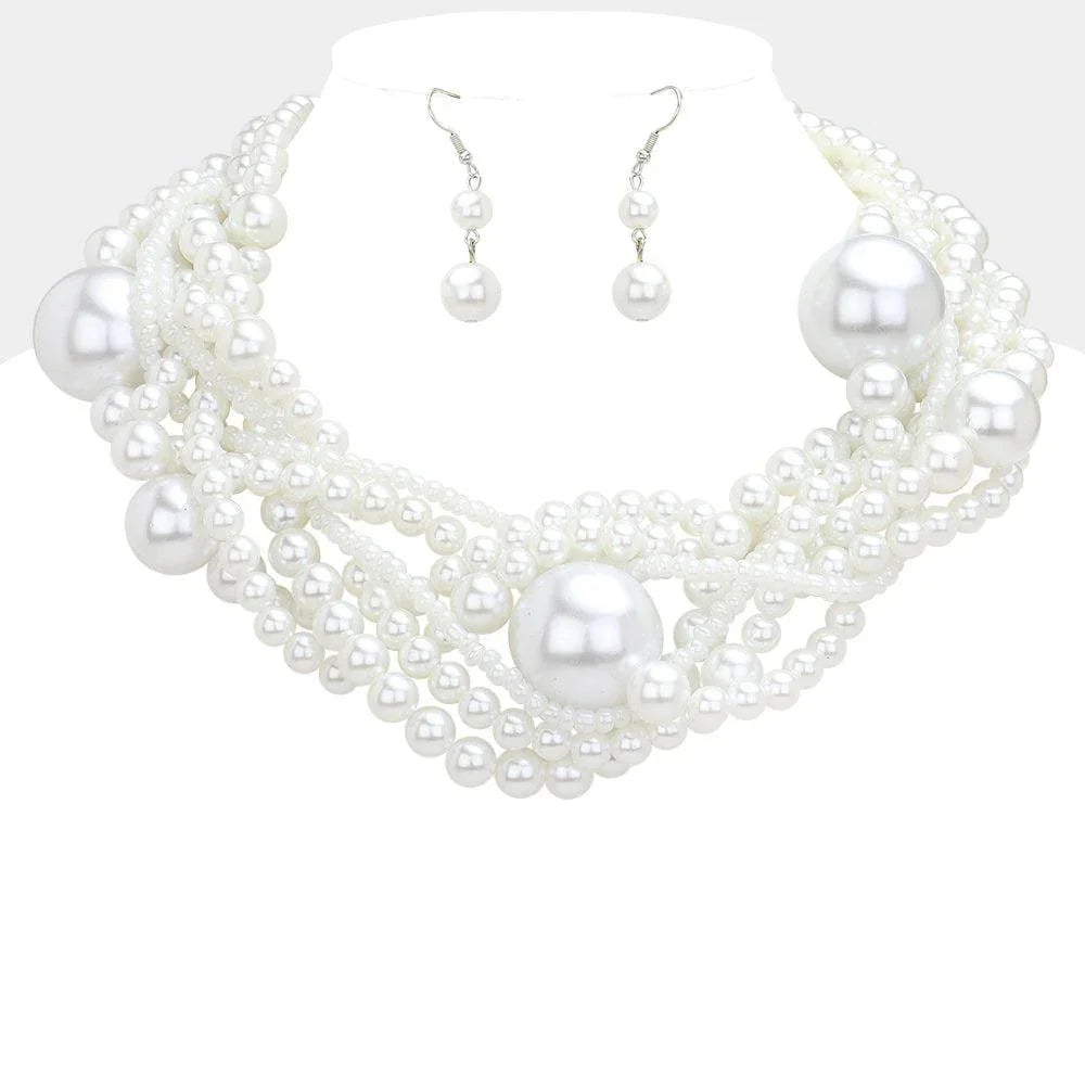 White Multi Pearl Beaded Statement Necklace