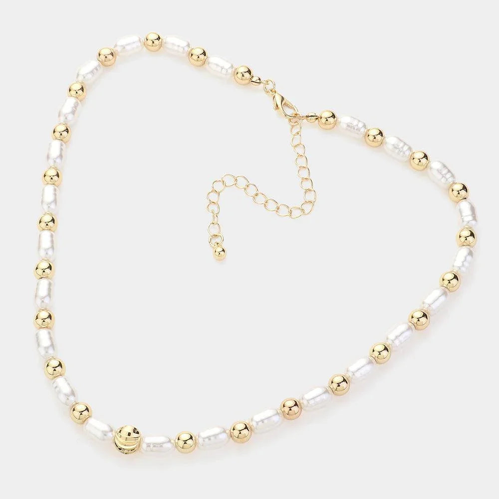 Cream Pearl Metal Ball Beaded Necklace - Jewelry Store by Erik Rayo