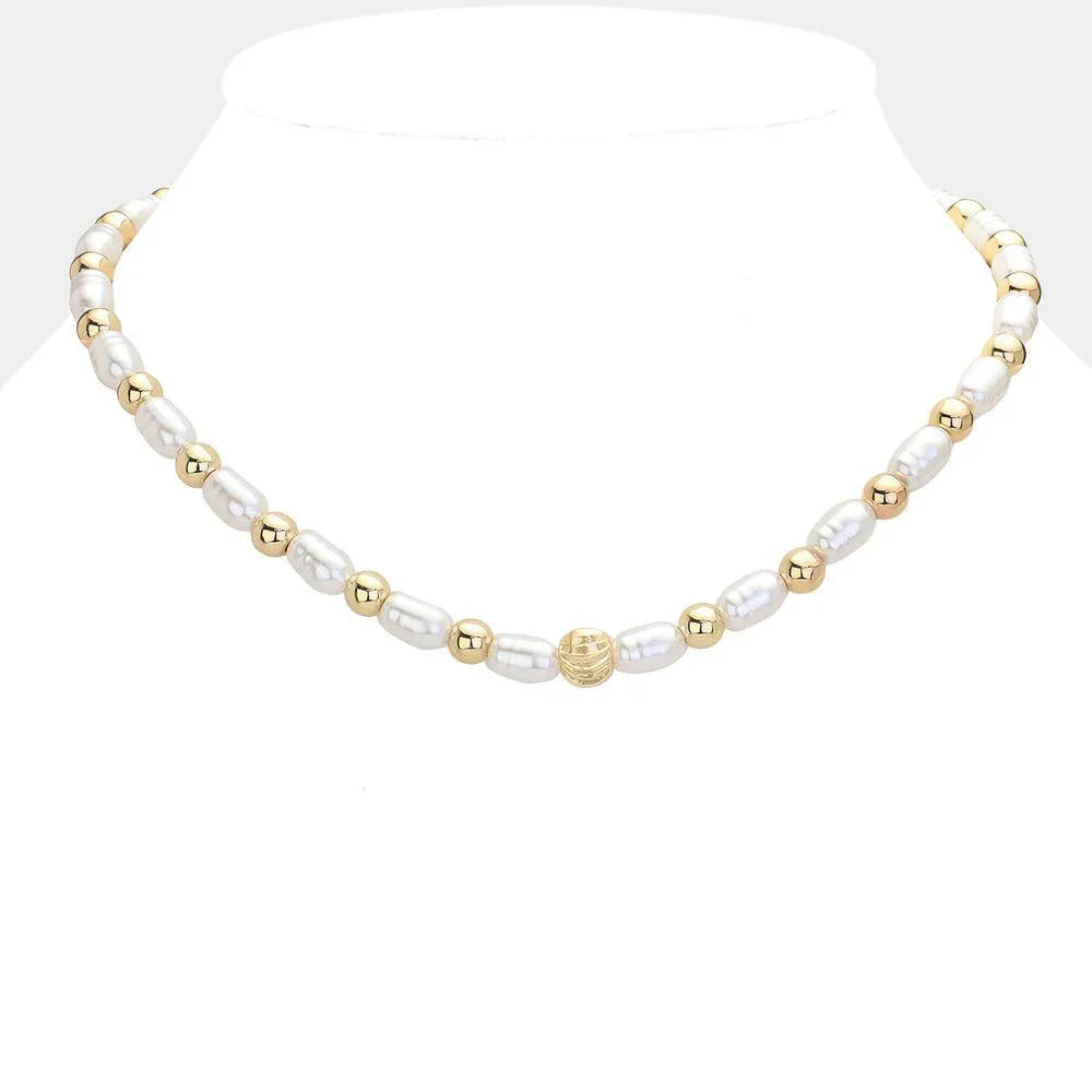 Cream Pearl Metal Ball Beaded Necklace - Jewelry Store by Erik Rayo