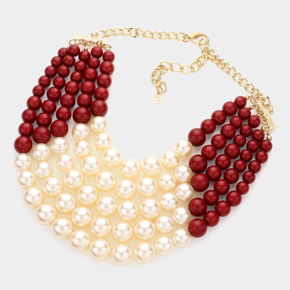 Burgundy Chunky Multi Strand Pearl Bib Necklace - Jewelry Store by Erik Rayo
