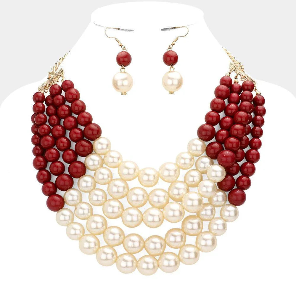 Burgundy Chunky Multi Strand Pearl Bib Necklace - Jewelry Store by Erik Rayo