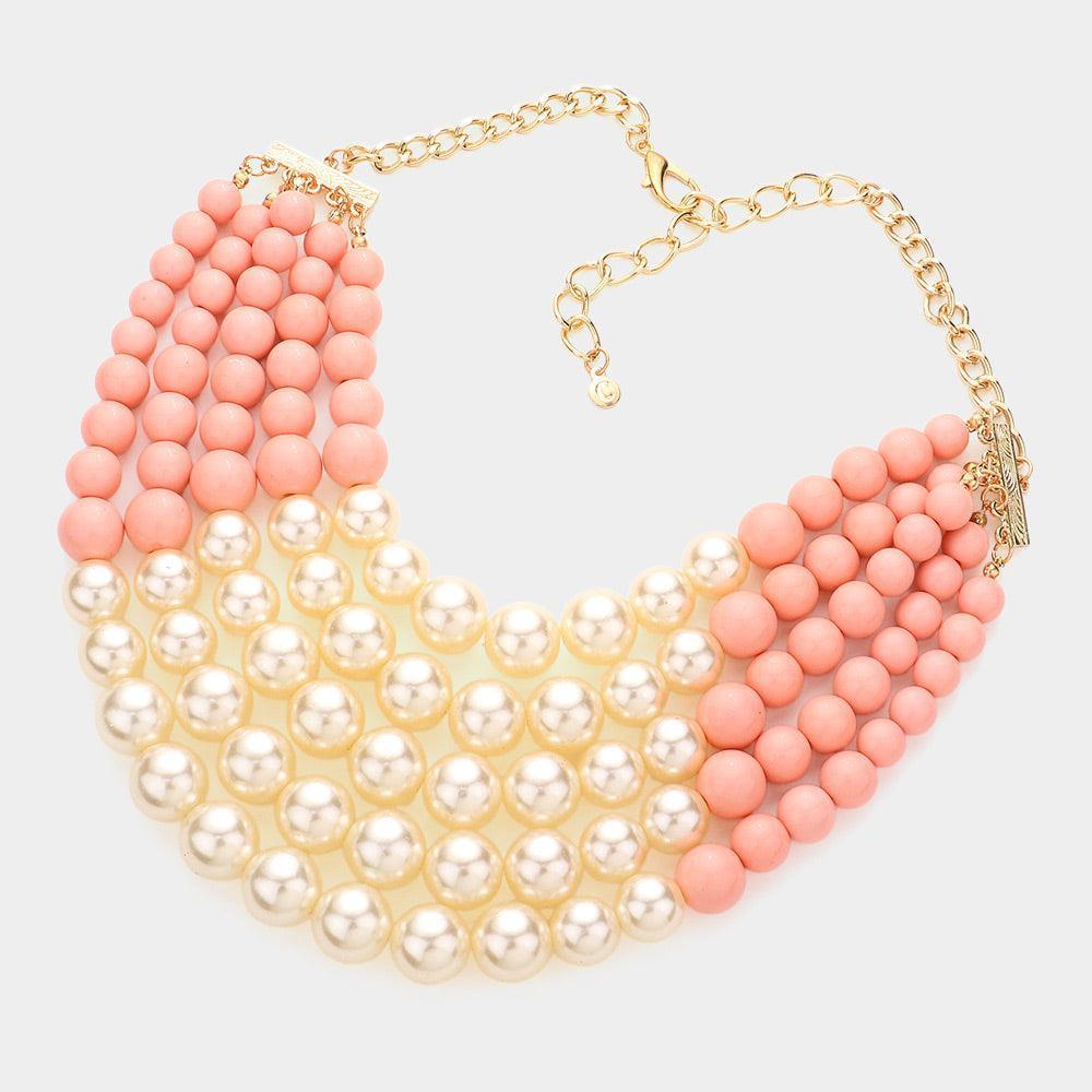 Pink Chunky Multi Strand Pearl Bib Necklace - Jewelry Store by Erik Rayo