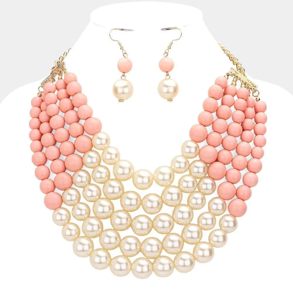 Pink Chunky Multi Strand Pearl Bib Necklace - Jewelry Store by Erik Rayo