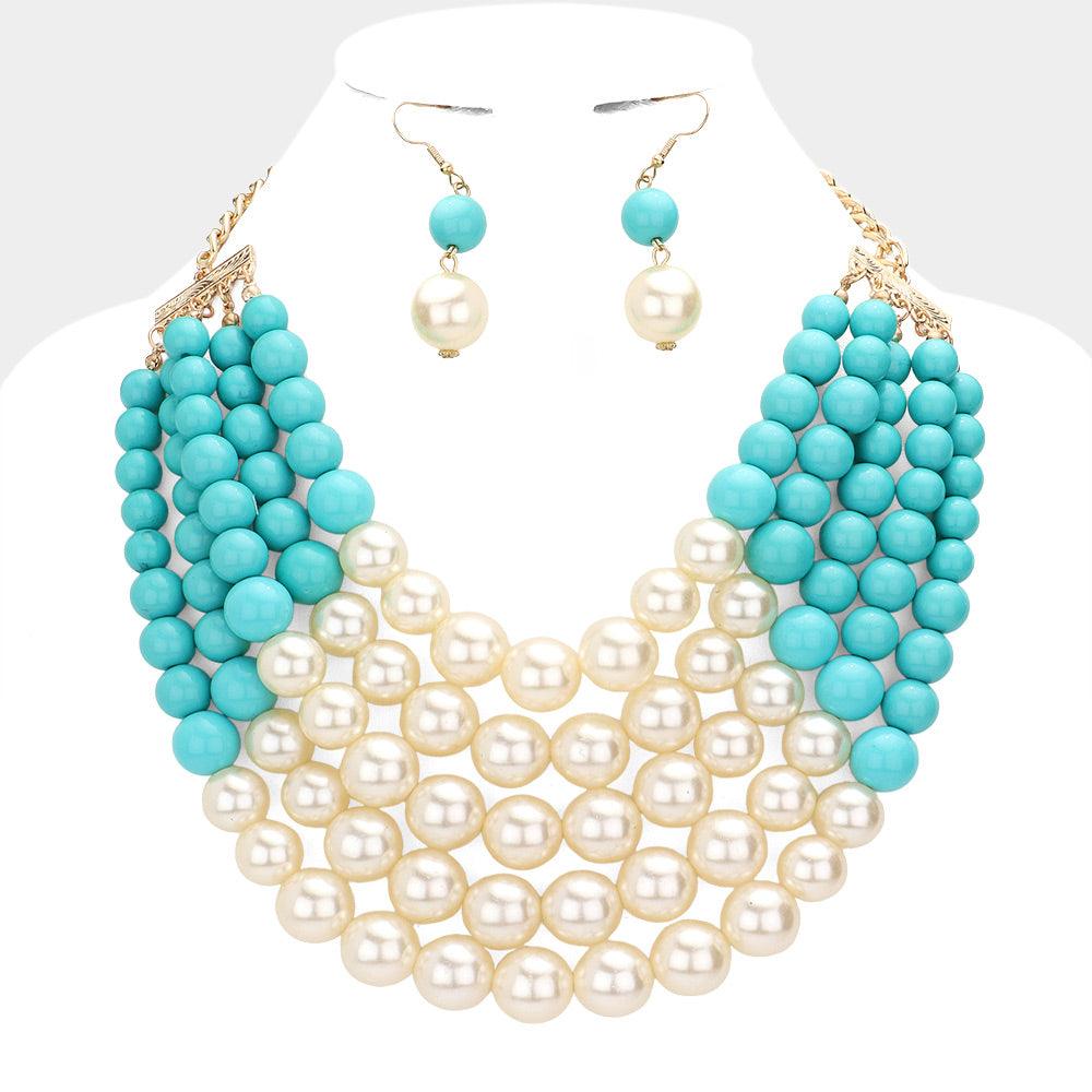 Turquoise Chunky Multi Strand Pearl Bib Necklace