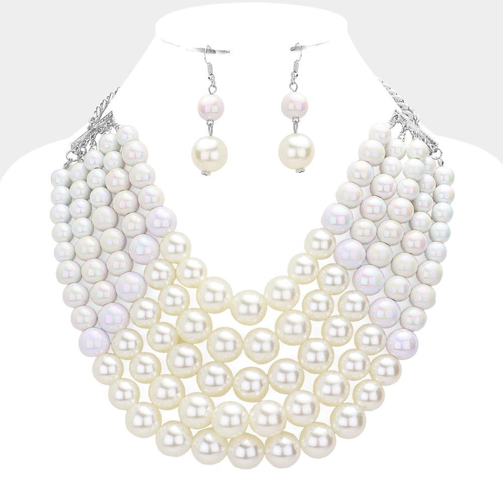 White Chunky Multi Strand Pearl Bib Necklace