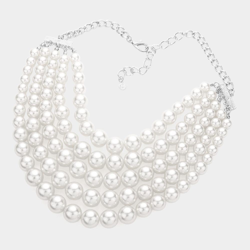 White Chunky Multi Strand Pearl Bib Necklace - Jewelry Store by Erik Rayo
