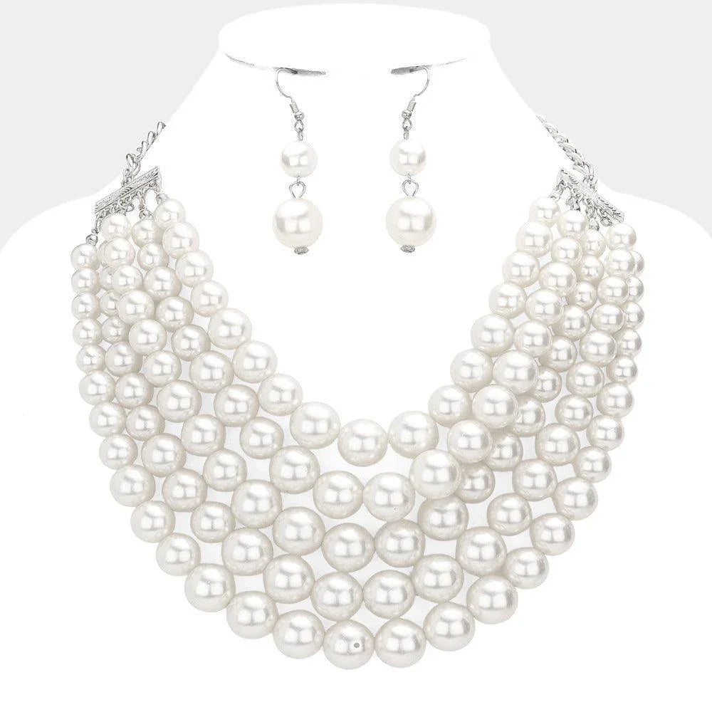 White Chunky Multi Strand Pearl Bib Necklace - Jewelry Store by Erik Rayo