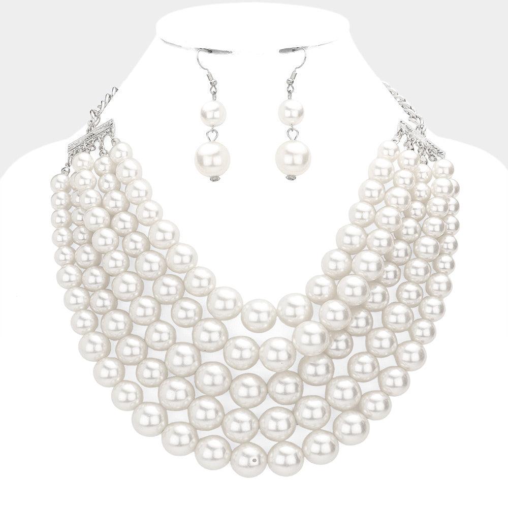 White Chunky Multi Strand Pearl Bib Necklace