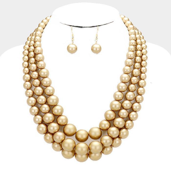 Gold Triple Strand Pearl Chunky Necklace