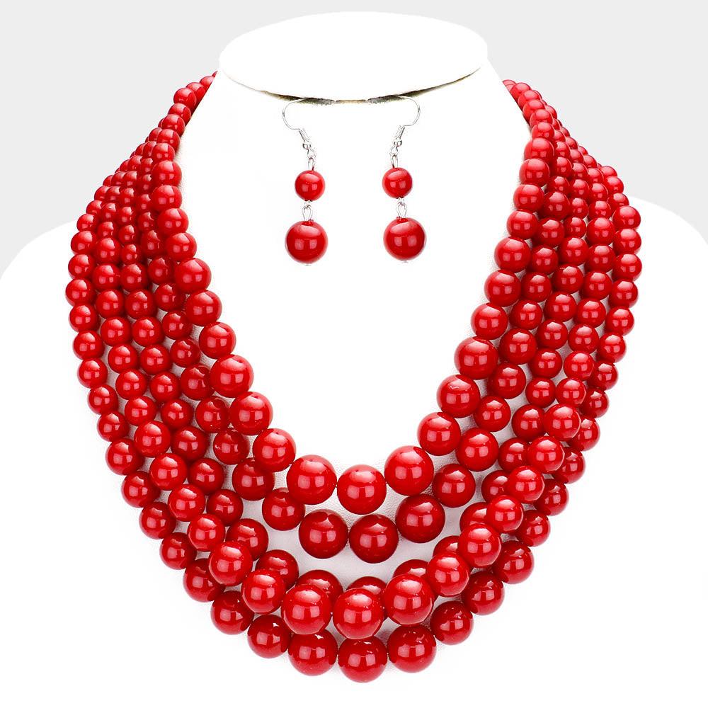 Red 5 Row Strand Pearl Necklace