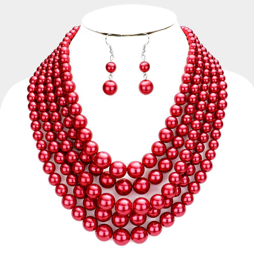 Red 5-Row Strand Pearl Necklace